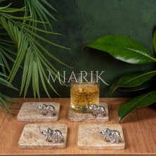 Miarik Design Mermer Bardak Altlığı 4'lü Kare Bej Renk Pırınç Gümüş Fıl Aksesuarlı