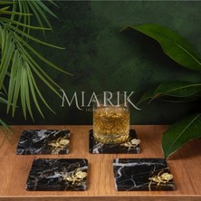 Miarik Design Mermer Bardak Altlığı 4'lü Kare Sıyah Renk Pırınç Gold Arı Aksesuarlı