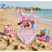 Cg Kids Barbie Baskılı Kız Çocuk Pembe Çizgili Mayo