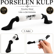 Badem10 Ahenk Beyaz Porselen Siyah Kulp 128 mm 12.8 cm Mobilya Çekmece Dolabı Dolap Kapak Kulb Kulpu