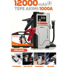 Enshall 12000MAH 4’ü 1 Arada Akü Takviye Cihazı Gulony 150 Psı Kompresör Lastik Şişirme Pompası LED Işıklı Powerbank Özellikli Acil Durum 1000A Akü Takviye Cihazı Araç Motor Lastik Şişirme Hava Kompresörü