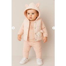 Rapapa Bebek 3’lü Şardonlu Kulaklı Kapüşonlu Takım – Sweatshirt, Pantolon ve Yelek Seti 10703-