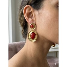 Lavante Butik Çelik Küpe Vintage Model Bordo Taşlı Sallantılı Çelik Küpe