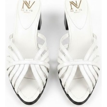 Ne&Ve Shoes Beyaz Deri Biye Kadın Kalın Topuklu Terlik