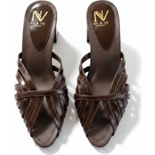 Ne&Ve Shoes Kahve Deri Biye Kadın Kalın Topuklu Terlik
