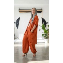 Byemelika %100 Pamuk, Bürümcük, Lastik Detay, Bohem Lidya Kaftan (Turuncu)
