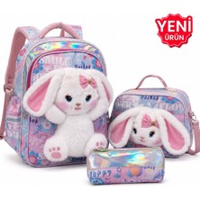 Alanç Gift Premium Kız Çocuk Tavşanlı Peluş Ilkokul Sırt Çantası Termal Beslenme Çantası ve Kalemlik