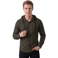 Rizzup Haki Kapüşonlu Likralı Kot Gömlek – Slim Fit Çıt Çıt Kapamalı Erkek Gömlek 2300396