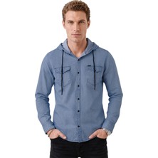 Rizzup Koyu Mavi Kapüşonlu Likralı Kot Gömlek – Slim Fit Çıt Çıt Kapamalı Erkek Gömlek 2300396