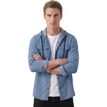 Rizzup Mavi Kapüşonlu Likralı Kot Gömlek – Slim Fit Çıt Çıt Kapamalı Erkek Gömlek 2300396