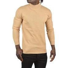 Rizzup Erkek Camel Zigzag Desenli Yarım Balıkçı Yaka Dar Kesim Boğazlı Triko Kazak 2505496