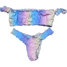 AGM Pastel Tonlarda (Mavi, Mor ve Pembe) Batik (Tie-Dye) Desenli Fırfır Detaylı Bikini Takım. Bikini