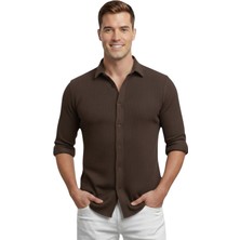 Deepsea Kahve Slim Fit Örme Kumaş Likralı Erkek Gömlek – Nefes Alan Esnek ve Modern Tasarım 2602604