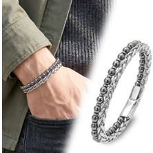 Parmas Design Çelik Zincirli Gümüş Renk Hematit Premium Erkek Bileklik 01829