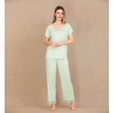 Amora Secret  Viskon Şık Tasarım Dantel Işlemeli Açık Yeşil Kısa Kol Pijama Takımı