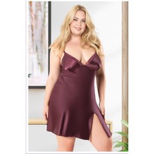 QKK Kadın Büyük Beden Desenli Saten Gecelik - Kırmızı Dantelli Plus Size Gecelik
