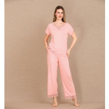 MTM My The Mall Giyim Viskon Şık Tasarım Dantel Işlemeli Açık Pembe Kısa Kol Pijama Takımı