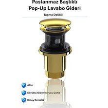 Fiorenn Felix Paslanmaz Pop-Up Lavabo Gideri | Taşma Delikli Altın | Üniversal Sızdırmaz Somunlu