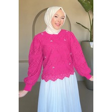 Tesettür Diyarı Hima Brode Dantel Kumaş Ribana Yaka  ve Manşetli Bluz- Pembe