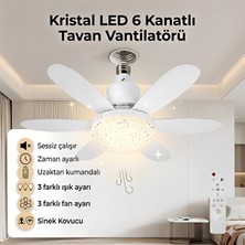 Çemi 3 Renkli Kristal LED Lambalı Tavan Vantilatörü 6 Kanatlı Uzaktan Kumandalı Avize E27 Duylu Vantilatörlü Lamba