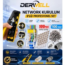 Derwell 3'lü Profesyonel Ethernet Kurulum Seti RJ45 Kablo Sıkma Pensesi 100 Adet Cat6 CAT5E Uyumlu Konnektör Fiş Jack ve 100 Adet Koruyucu Gri Boot Kılıf Teknoloji Ağ Kurulumu Tamir Çantası Set