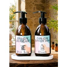 JUNİBELİW 3lü Set Amber Cam Kavanoz Bulaşık Deterjanlığı Çamaşır Suyu 2X250ML + Beyaz Altlık