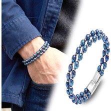 Parmas Design Çift Mavi Gümüş Renk Hematit Çelik Erkek Premium Maskülen Bileklik 01834