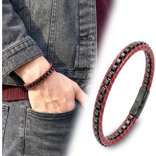 Moncuk Design Siyah Çelik Zincir Örgülü ve Kırmızı Deri Erkek Bileklik 33514B24D2