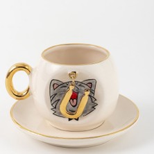 BSK Ceramics Handmade Kedi Harfli Kahve Fincanı Ü Harfi
