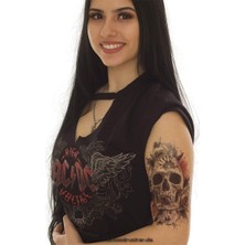 Hediye Vakti Kuru Kafa ve Gül Desenli Geçici Dövme - Büyük Boy Su Geçirmez Realistik Skull Tattoo