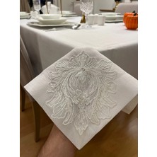 Zeren Home Lotus Fransız Dantel Detaylı Kırık Beyaz Masa Örtüsü | El Işçiliği Dantel Aplikeli | %100 Polyester | Özel Ölçü Dikim