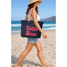 Faralya Life %100 Pamuk Çıtçıtlı Mavi Denim Çanta Pembe Baskılı Çift Cepli Kadın Çanta 52x42 cm 60 cm Sap Uzunluğu