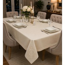 Zeren Home Lotus Fransız Dantel Detaylı Simsiz Krem Masa Örtüsü | El Işçiliği Dantel Aplikeli | %100 Polyester | Özel Ölçü Dikim