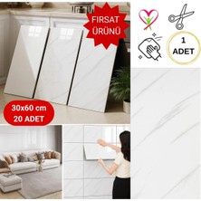 Ukab Dekor 20 Parça Beyaz Seramik Fayans Mermer Görünüm Kendinden Yapışkanlı Ev Dekorasyonu Banyo Yalıtım Zemin