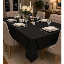 Zeren Home Lotus Fransız Dantel Detaylı Simsiz Siyah Masa Örtüsü | El Işçiliği Dantel Aplikeli | %100 Polyester | Özel Ölçü Dikim
