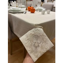 Zeren Home Lotus Fransız Dantel Detaylı Simli Gold Masa Örtüsü | El Işçiliği Dantel Aplikeli | %100 Polyester | Özel Ölçü Dikim