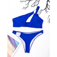 AGM Metal Halka Detaylarına ve Asimetrik Kesiklere Sahip Mavi Bikini Takım , Mavi Tek Omuzlu Halkalı Bikini