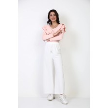 Tüccar Umut Huban Moda Kadın Ekru Beli Lastikli Bol Paça Salaş Yazlık Pantolon AEROBIN-865829