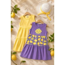 Perendi Kız Çocuk Limon Baskılı 2'li  Şapkalı Elbise - Lila/sarı