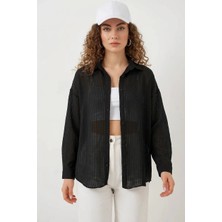 Hanka Kadın Oversize Dikey Çizgili Viskon Siyah Gömlek