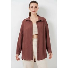 Hanka Kadın Oversize Kesim Viskon Kahverengi Gömlek