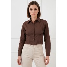 Hanka Kadın Belden Büzgülü Slim Fit Pamuklu Kahverengi Gömlek