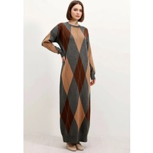 Hanka Kadın Yuvarlak Yaka Elmas Desenli Triko Gri Elbise