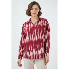Hanka Kadın Oversize Desenli Viskon Kırmızı Gömlek