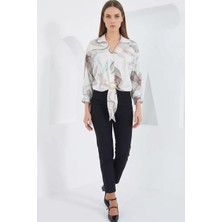 Hanka Kadın Crop Oversize Desenli Saten Kahverengi Gömlek