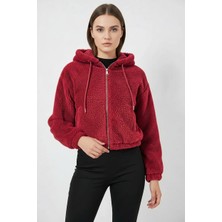 Hanka Kadın Kapüşonlu Crop Peluş Bordo Ceket
