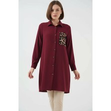 Hanka Kadın Gömlek Yaka Leopar Desenli Cep Bordo Tunik