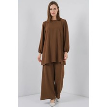 Hanka Kadın Yuvarlak Yaka Uzun Kol Kahverengi Tunik Pantolon Alt Üst Takım