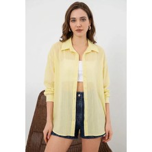 Hanka Kadın Oversize Dikey Çizgili Viskon Sarı Gömlek