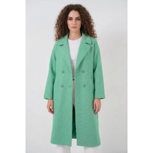 Hanka Kadın Geniş Yaka Oversize Balıksırtı Desenli Kaşe Yeşil Kaban